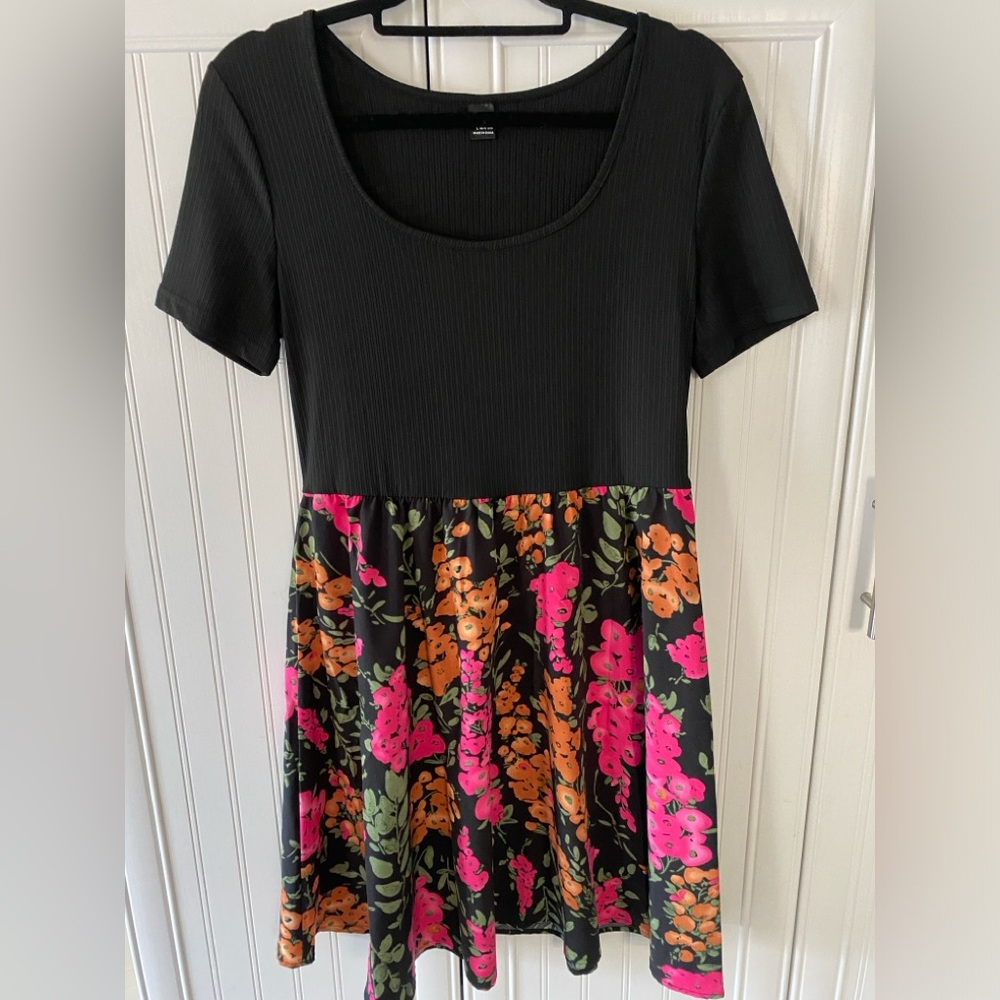 SHEIN Black Dress with Pink and Orange Floral Design